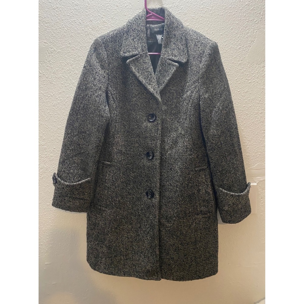Style & Co Petite Tweed Wool Blend Coat Women's PL Black Gray Button Front‎